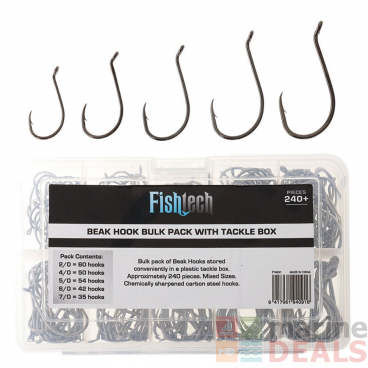Fishtech 240-Piece Assorted Beak Hook Bulk Pack with Tackle Box