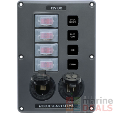 Blue Sea Water-Resistant 12V 4 Circuit Breaker Switch Panel with 12v Socket and Dual USB