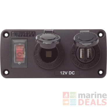 Blue Sea Water-Resistant 12V 15A Circuit Accessory Panel with 12v Socket and Dual USB