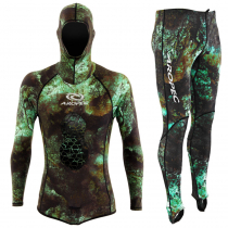 Aropec Lycra UV Hooded Mens Spearfishing Wetsuit Top and Dive Pants Camo Green