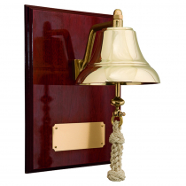 Weems & Plath 6in Brass Bell Mounted on 9x12in High Gloss Mahogany Plaque with Brass Plate